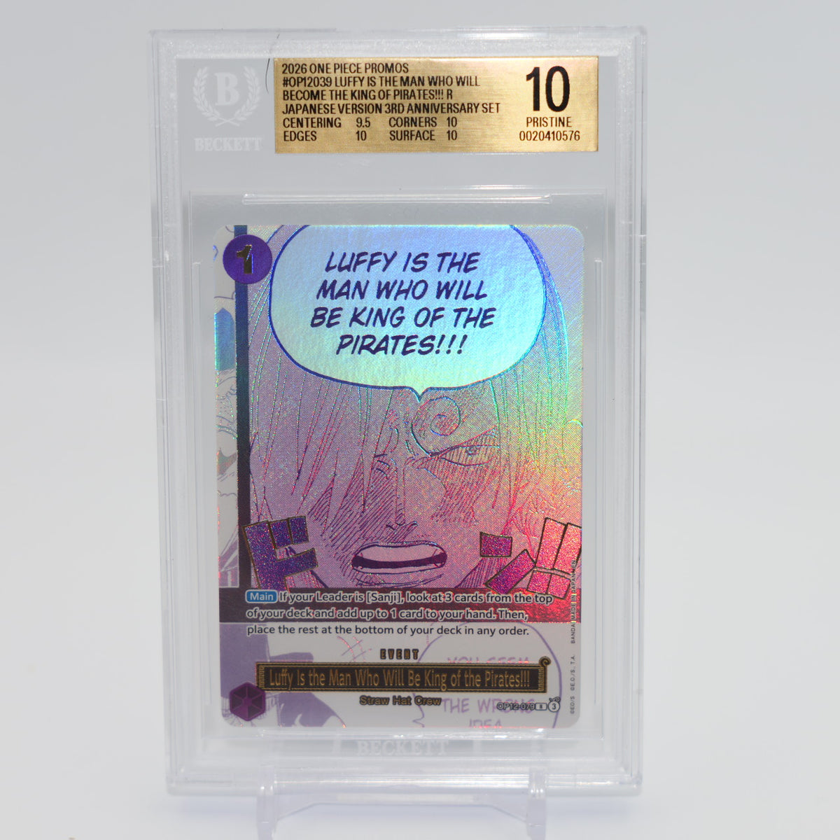 BGS 10 Pristine - Luffy Is the Man Who Will Be King of the Pirates (Sanji) One Piece TCG